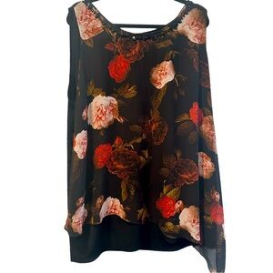 Lane Bryant Women’s 26/28 Black Floral sheer Sleeveless Top Asymmetrical